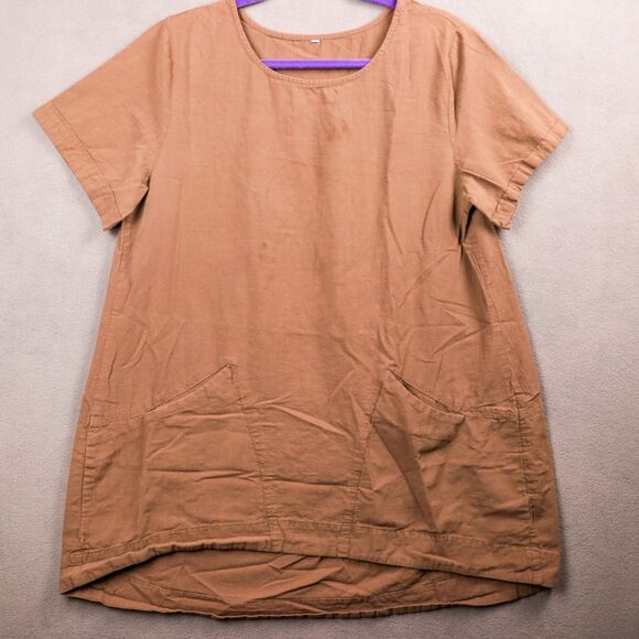 Tops - Women's Short-Sleeve Linen Scoop Neck Tunic Top in Dusty Mauve Brown